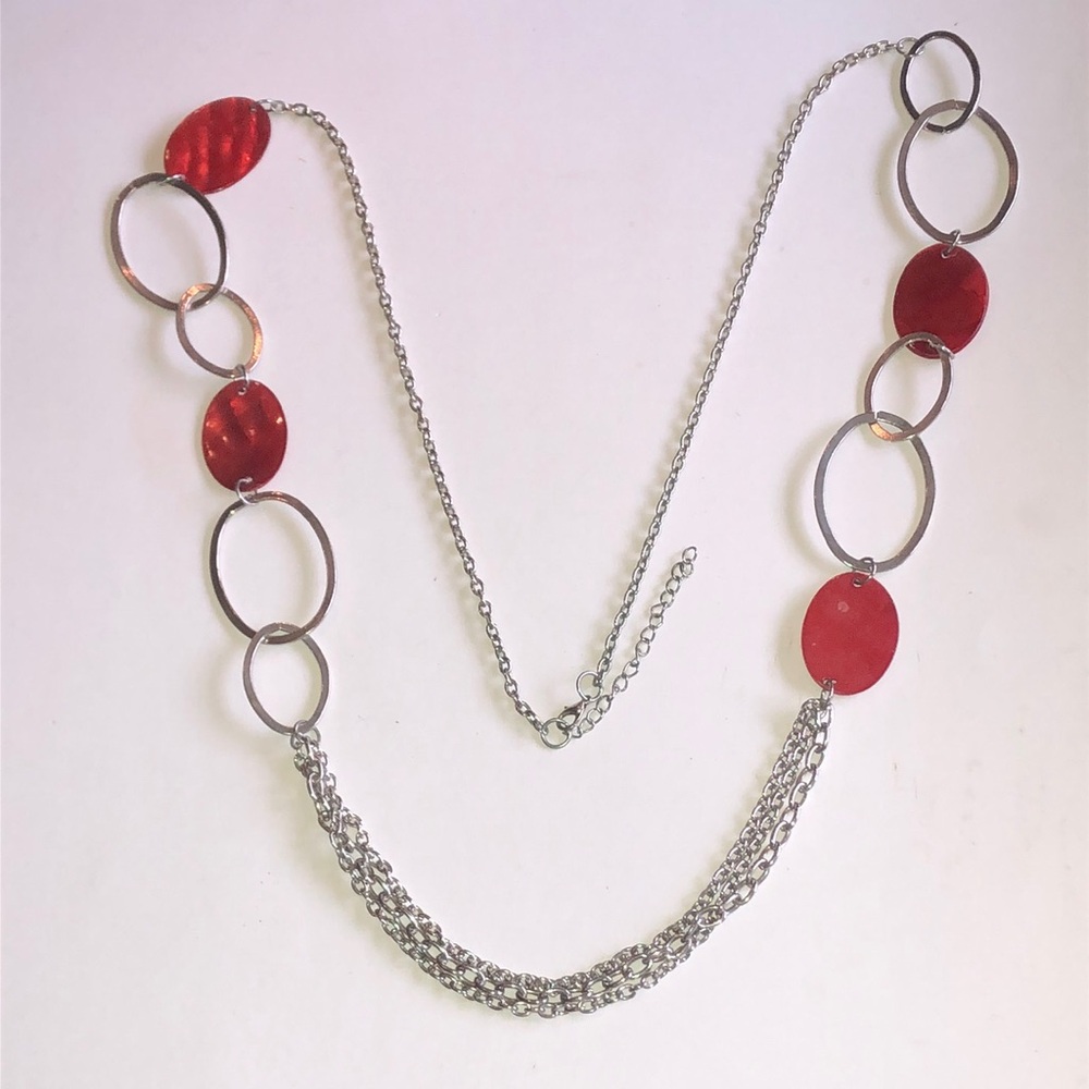 Silver Tone Chain Necklace with Red Shell Disc Accents